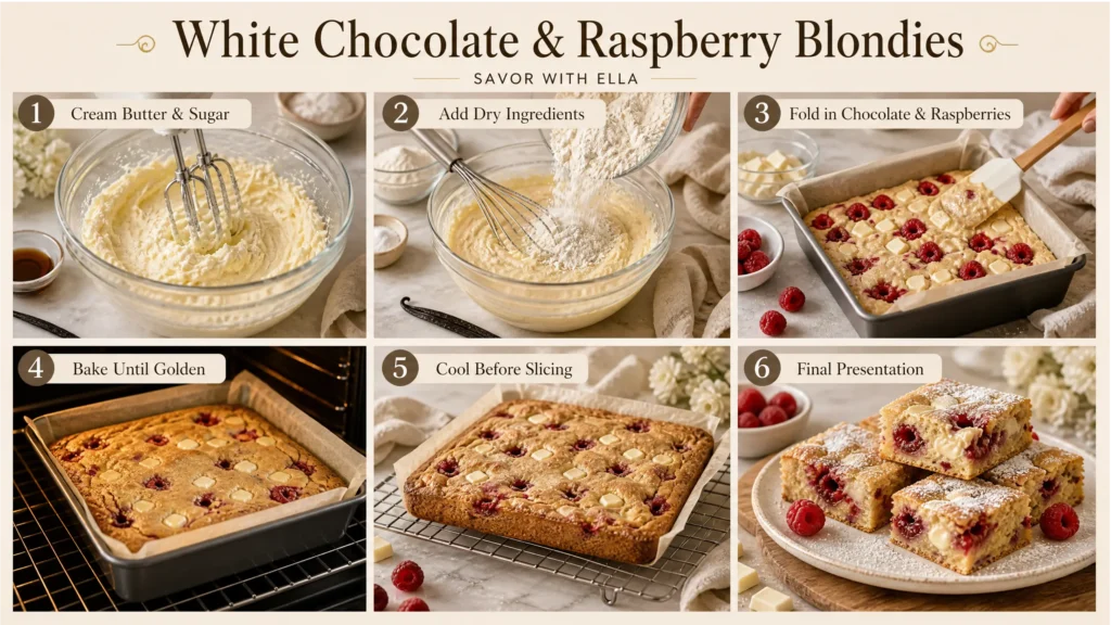 A six-step visual guide for making White Chocolate & Raspberry Blondies. The image shows creaming butter and sugar, adding the dry ingredients, folding in white chocolate and fresh raspberries, baking the blondies until golden, and cooling them before slicing. The finished blondies are cut into squares, dusted with powdered sugar, and served with fresh raspberries.