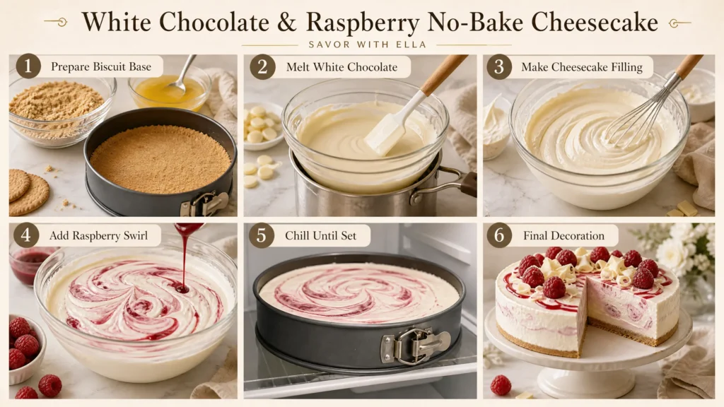 A six-step visual guide for making White Chocolate & Raspberry No-Bake Cheesecake. The image shows preparing the biscuit base, melting white chocolate, mixing the creamy cheesecake filling, adding a raspberry swirl, and chilling the cheesecake until set. The finished cheesecake is decorated with fresh raspberries, white chocolate curls, and raspberry sauce, with a slice showing the creamy swirled filling and biscuit base.