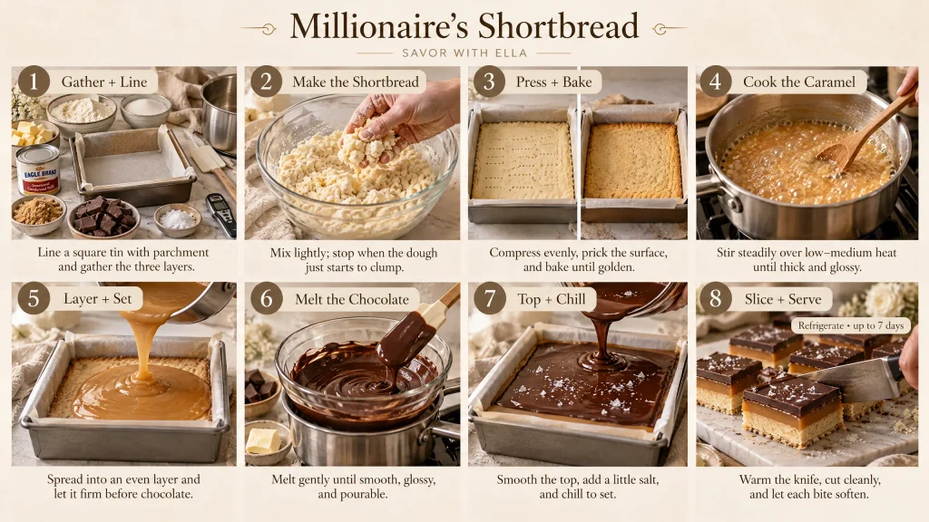 Step-by-step Millionaire’s Shortbread recipe showing eight stages, from preparing the buttery shortbread base and making caramel to adding melted chocolate, chilling, and slicing into layered squares.