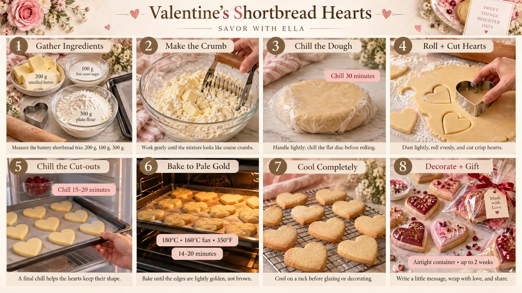 Step-by-step Valentine's Shortbread Hearts recipe showing eight stages, from preparing buttery cookie dough and cutting heart shapes to baking, cooling, decorating, and wrapping the cookies as gifts.